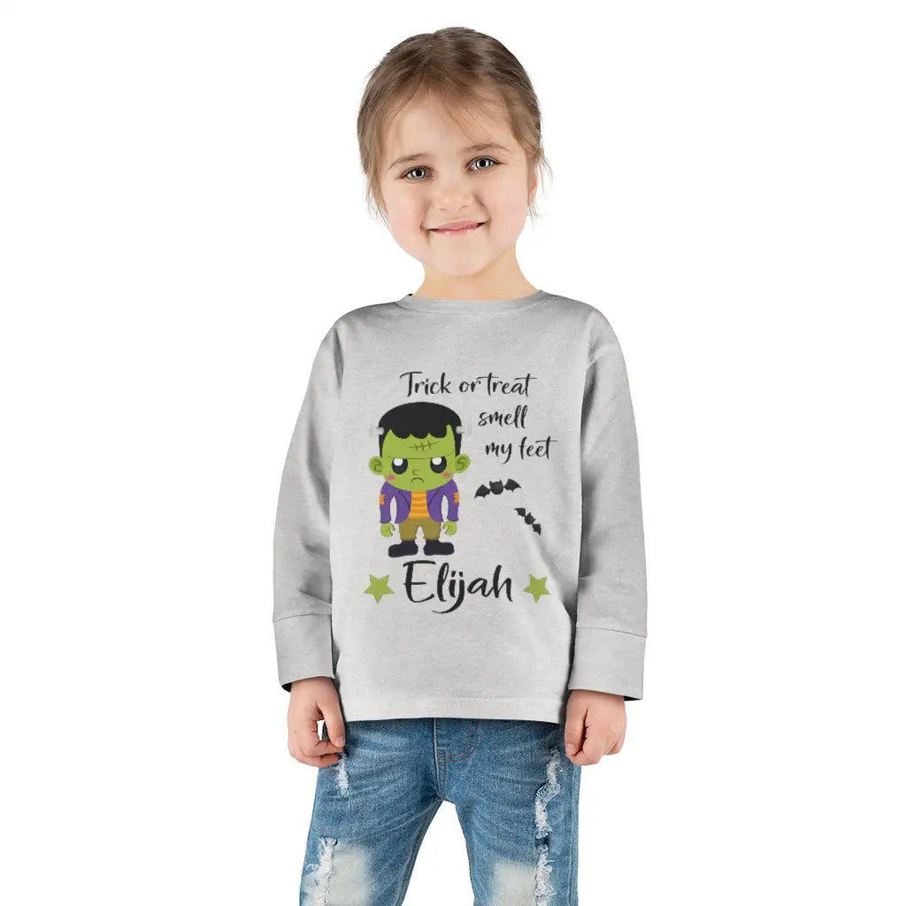Halloween Frankenstein Personalized Toddler Long Sleeve Tee, Trick or Treat Shirt Printify