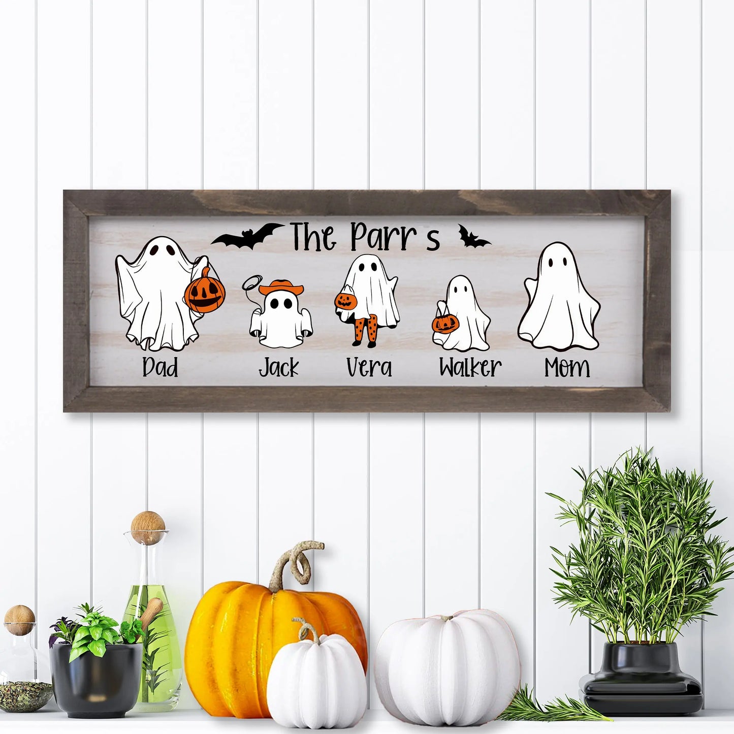 Halloween Ghost Family Whitewashed Wood Frame Sign | Fall Farmhouse Decor - Amazing Faith Designs