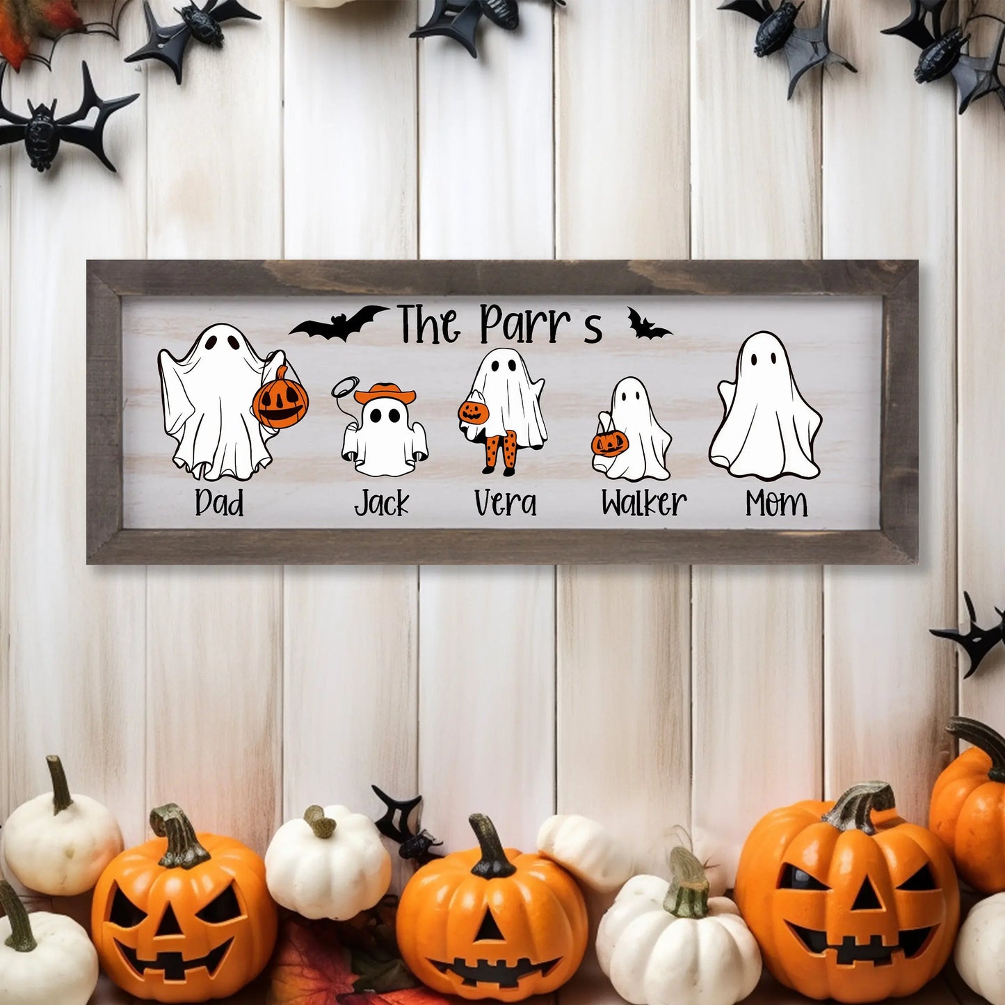 Halloween Ghost Family Whitewashed Wood Frame Sign | Fall Farmhouse Decor - Amazing Faith Designs