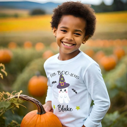 Halloween Ghost Personalized Toddler Long Sleeve Tee, Trick or Treat Shirt - Amazing Faith Designs