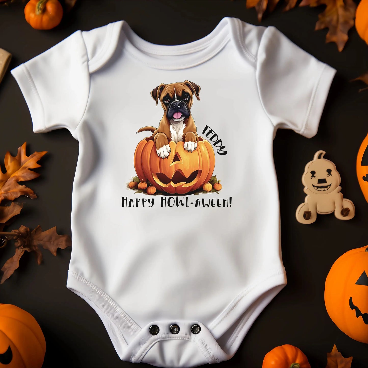 Halloween Personalized Dog Baby short sleeve bodysuit | Choose from 20 dog breeds! Amazing Faith Designs