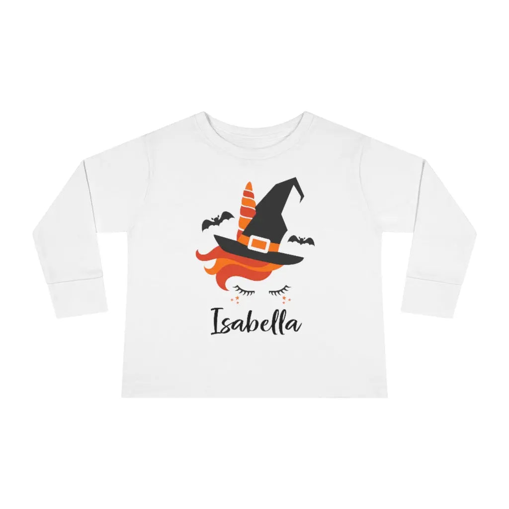Halloween Unicorn Witch Personalized Toddler Long Sleeve Tee, Trick or Treat Shirt Printify