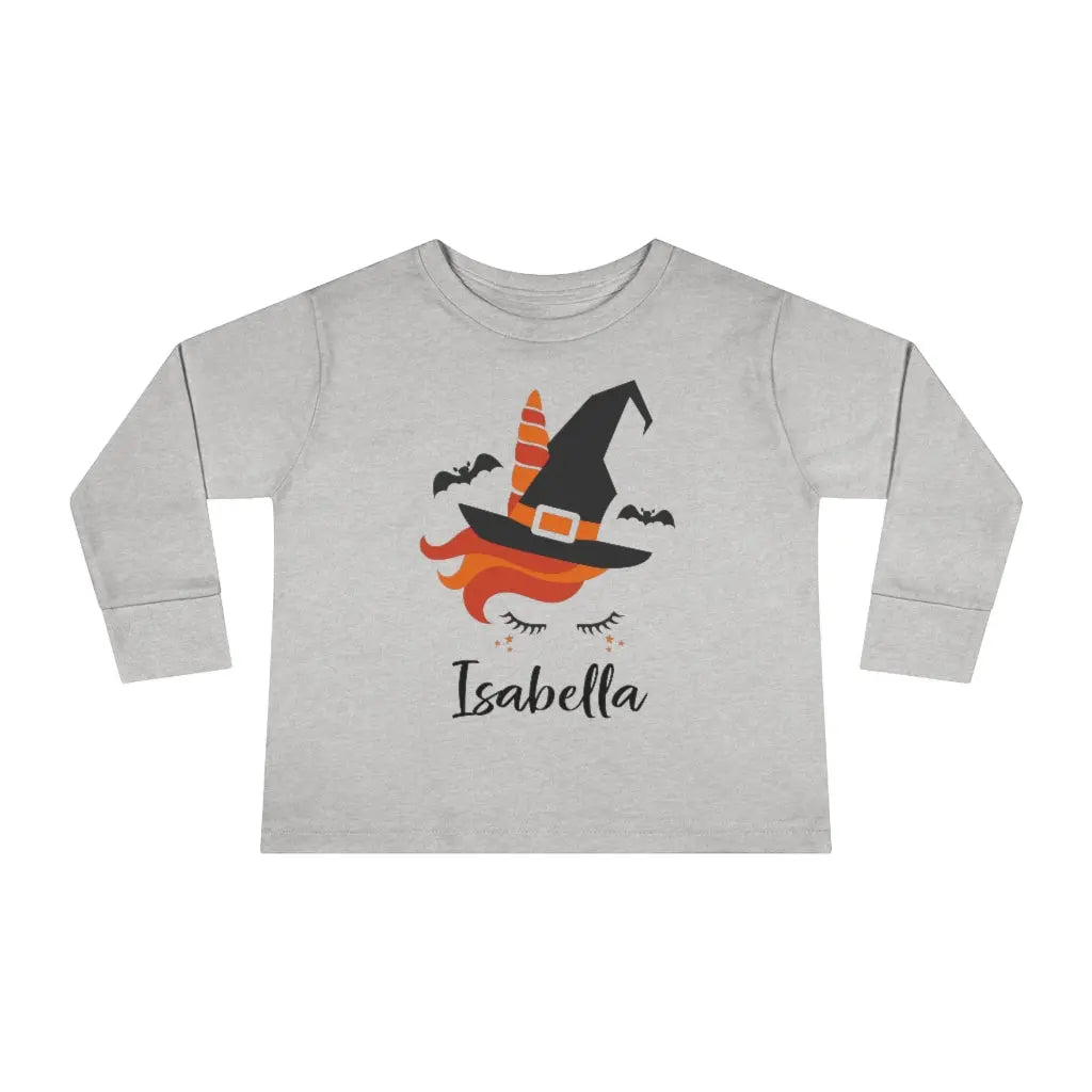 Halloween Unicorn Witch Personalized Toddler Long Sleeve Tee, Trick or Treat Shirt Printify