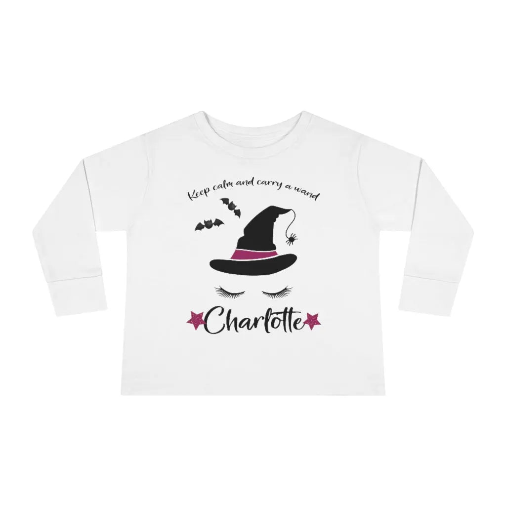 Halloween Witch Personalized Toddler Long Sleeve Tee, Trick or Treat Shirt Printify