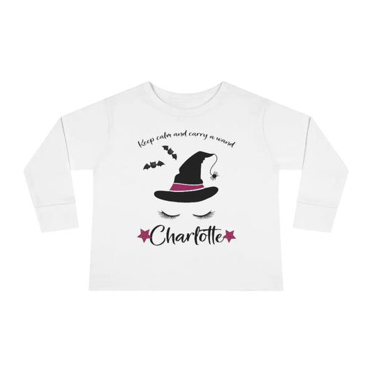 Halloween Witch Personalized Toddler Long Sleeve Tee, Trick or Treat Shirt Printify