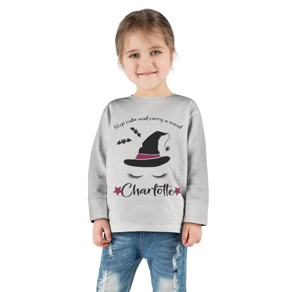 Halloween Witch Personalized Toddler Long Sleeve Tee, Trick or Treat Shirt Printify