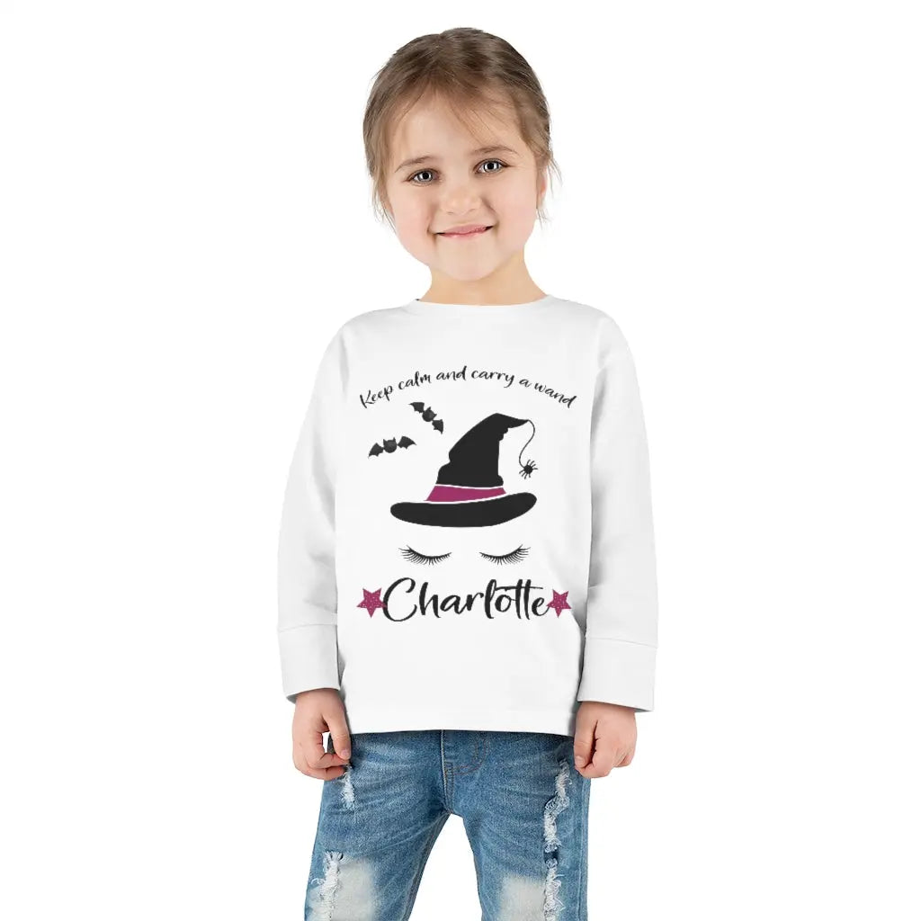 Halloween Witch Personalized Toddler Long Sleeve Tee, Trick or Treat Shirt Printify