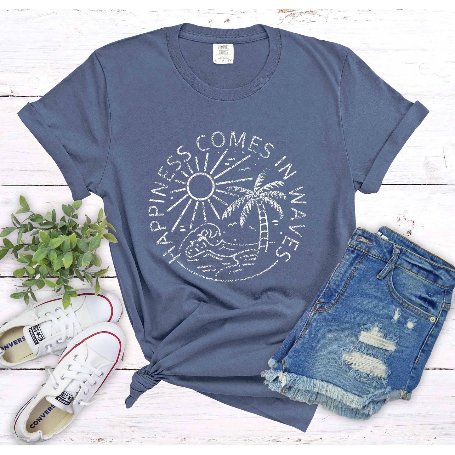 Happiness Comes in Waves Garment-Dyed T-shirt, Beach Shirt Printify