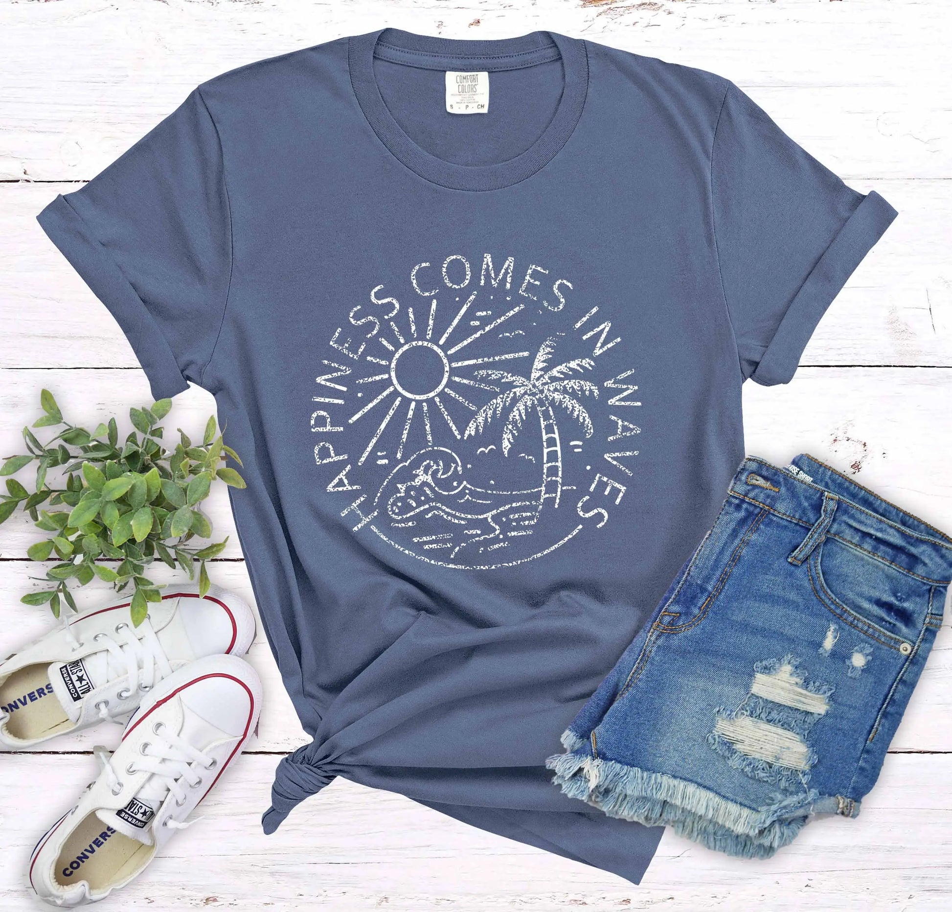 Happiness Comes in Waves Garment-Dyed T-shirt, Beach Shirt Printify