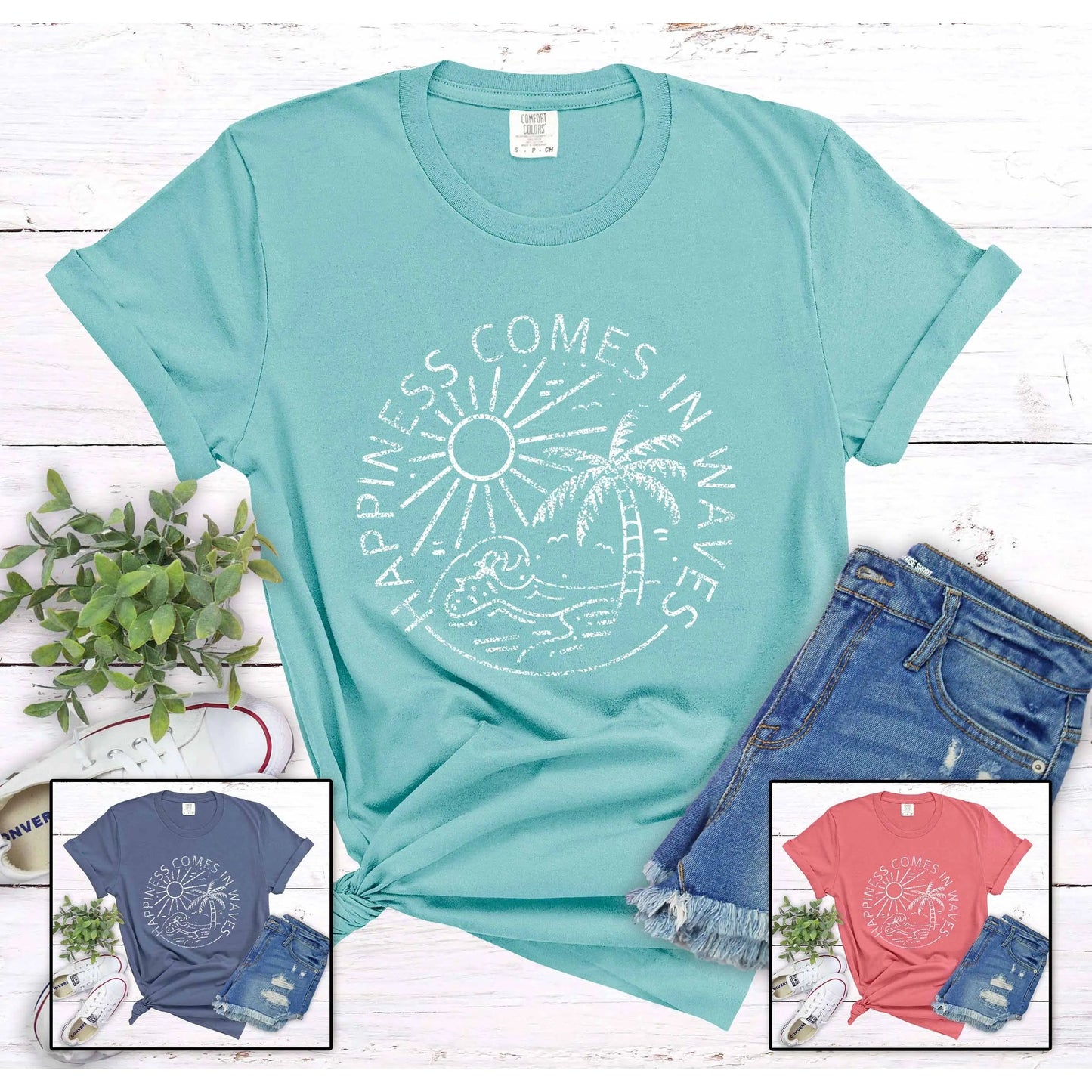 Happiness Comes in Waves Garment-Dyed T-shirt, Beach Shirt Printify