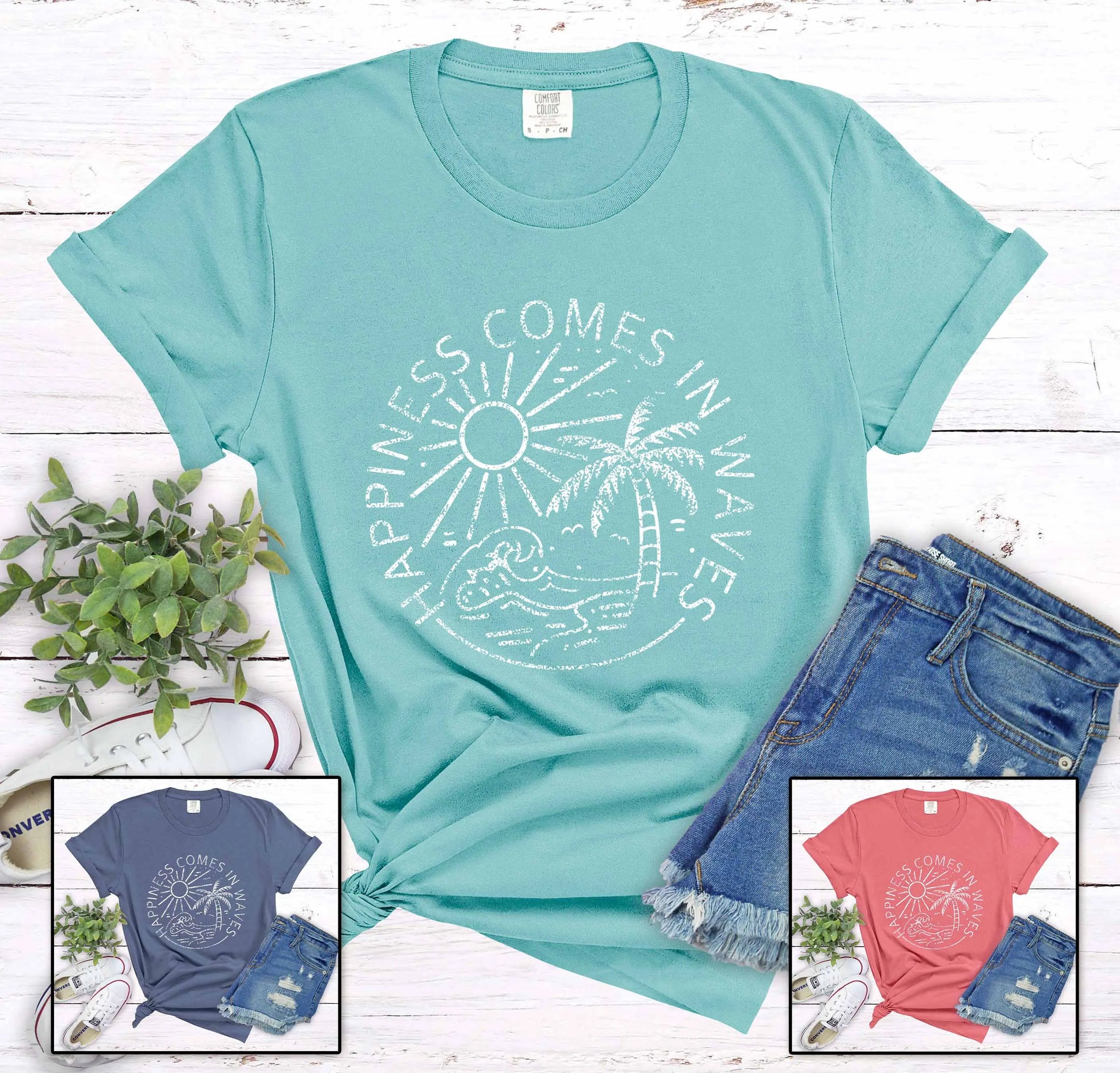 Happiness Comes in Waves Garment-Dyed T-shirt, Beach Shirt Printify