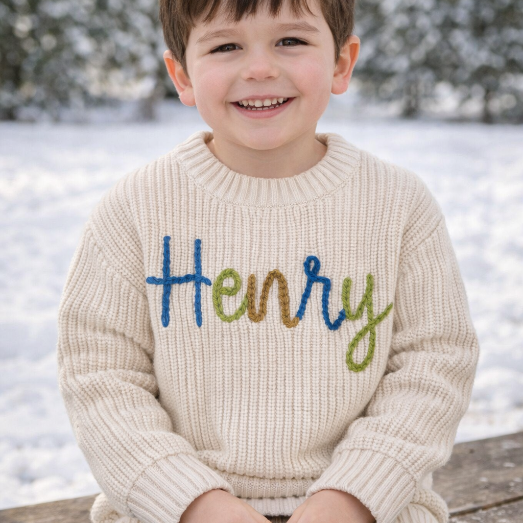 Hand Embroidered Name Sweater - three yarn colors - Amazing Faith Designs