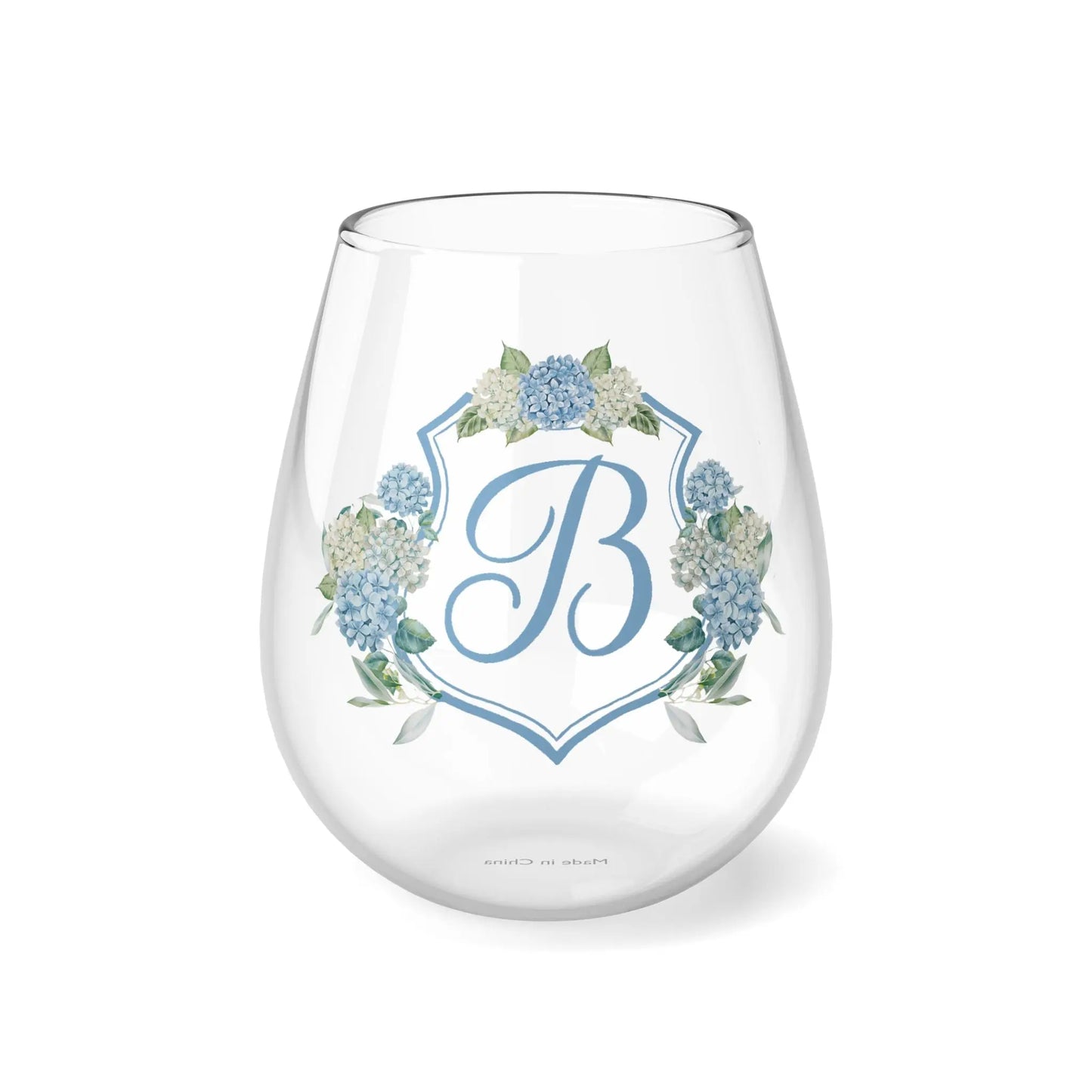 Hydrangea Wedding Crest Monogram Stemless Wine Glass, 11.75oz Printify