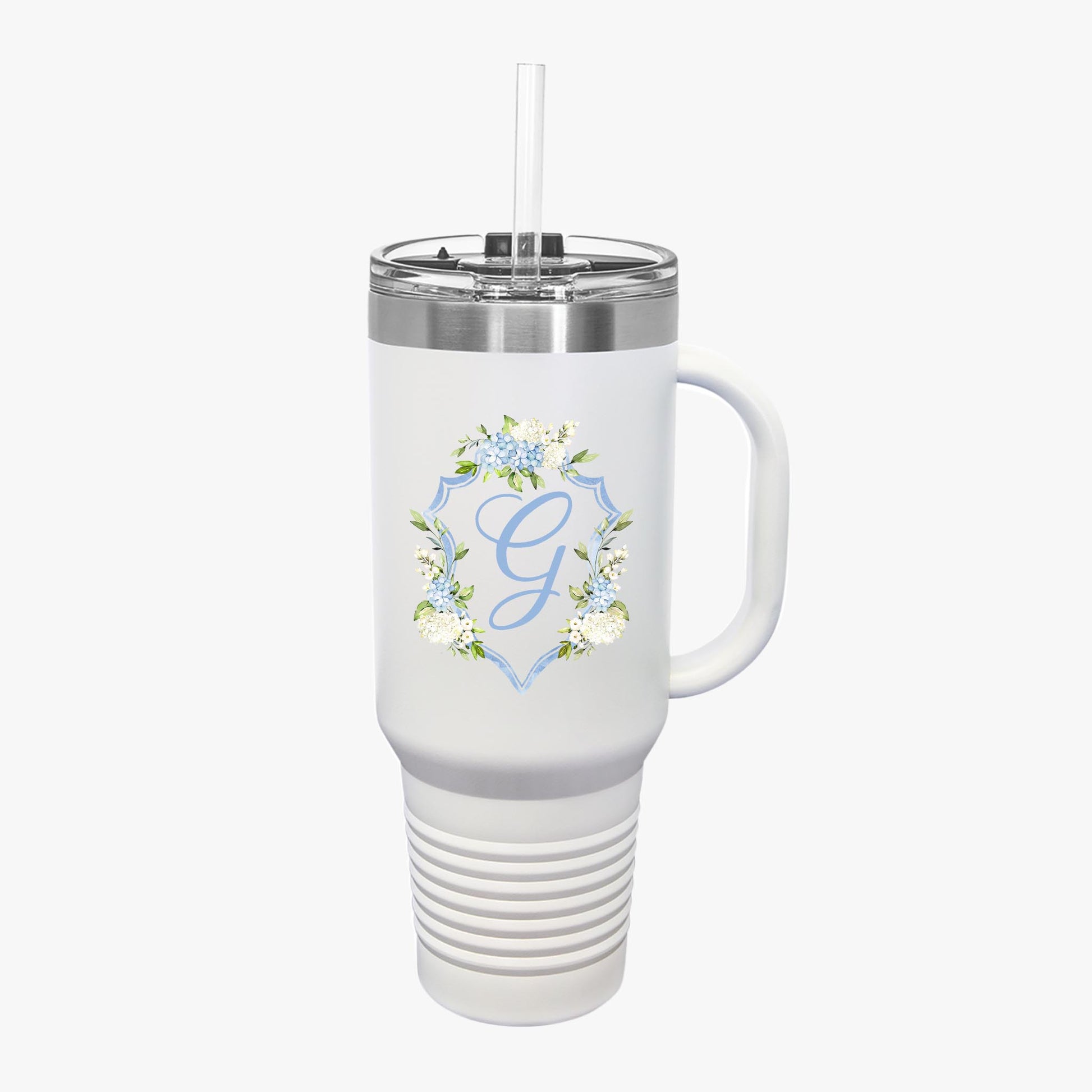 Hydrangea Wedding Crest Insulated Travel Mug, 40oz - Amazing Faith Designs