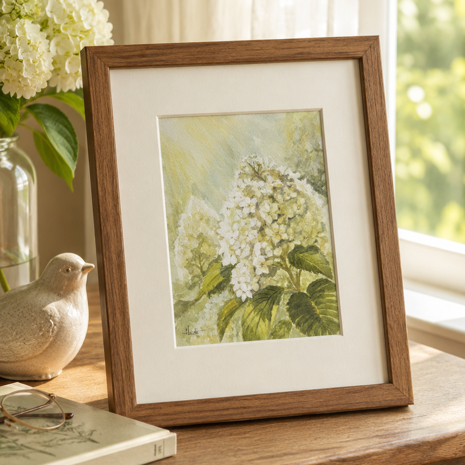 A framed botanical art print of white hydrangeas in a warm brown wood frame, styled on a wooden table next to a vase of flowers, a small bird figurine, and a book in a bright room.