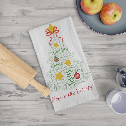Jesus Christmas Tree Kitchen Tea Towel - 50 Names of Jesus Printify