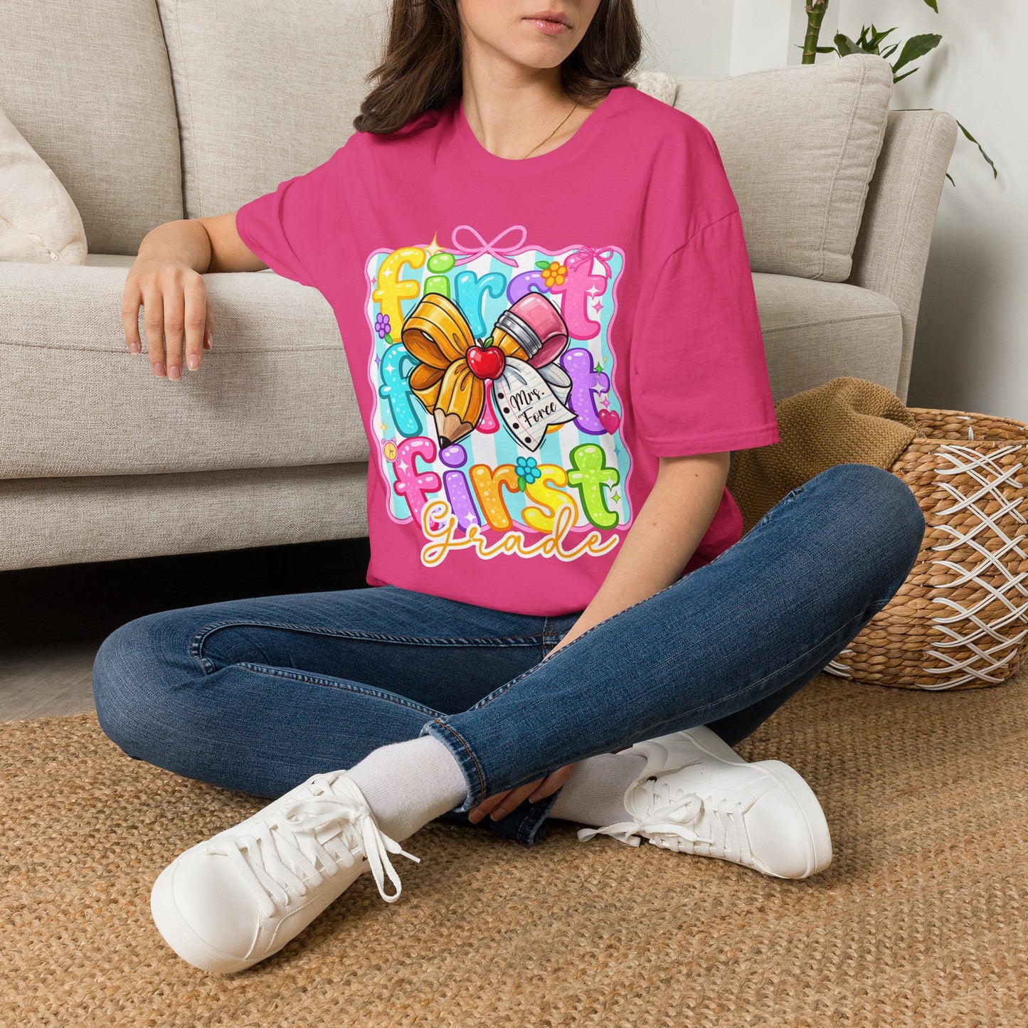 First Grade Teacher T-Shirt - Cute Back-to-School Bow & Pencil Design