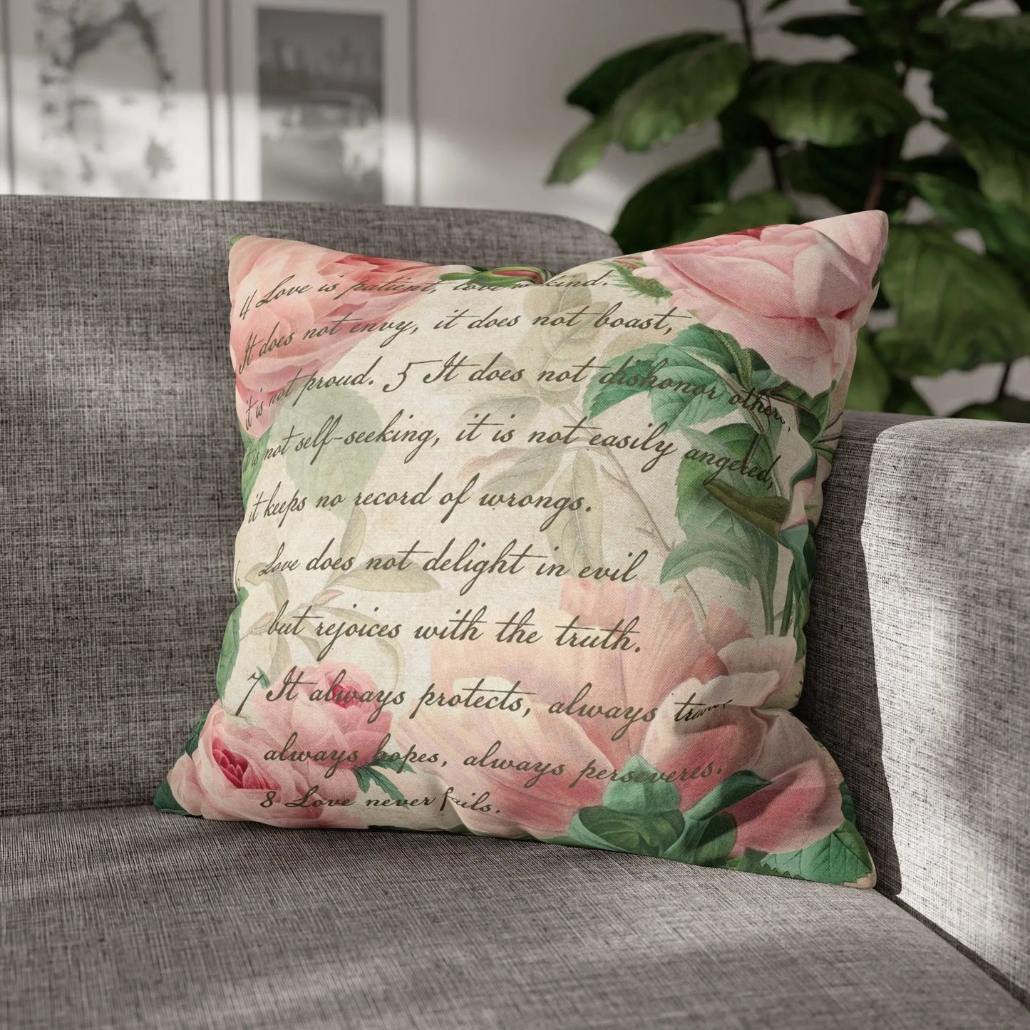 Love is Pink Floral Spun Polyester Square Pillowcase Printify
