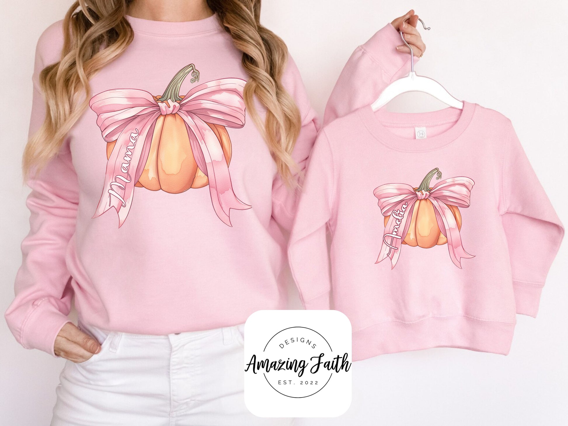 Matching Mama Pumpkin Coquette Pink Sweatshirt - Amazing Faith Designs