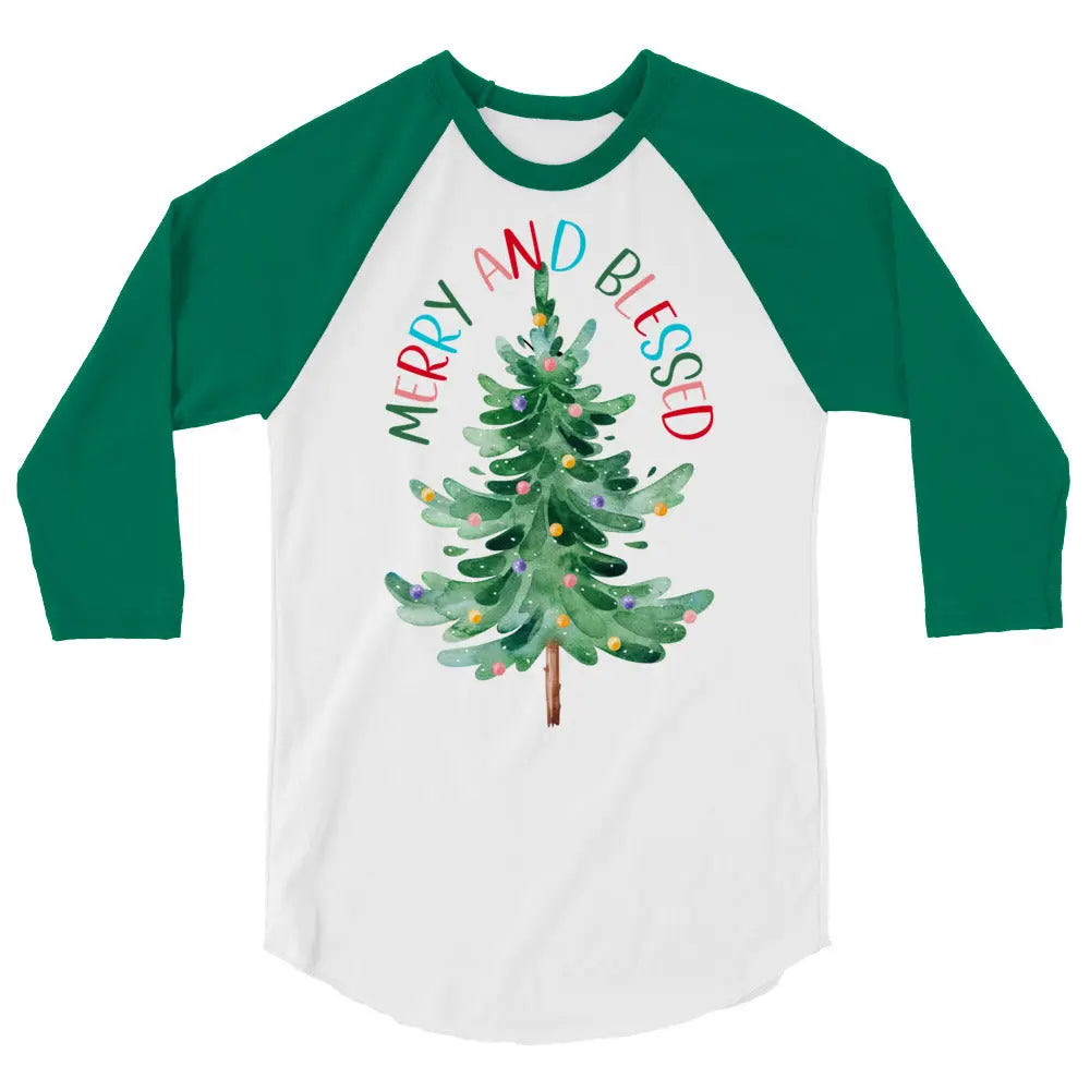 Merry and Blessed Christmas 3/4 sleeve raglan shirt Amazing Faith Designs