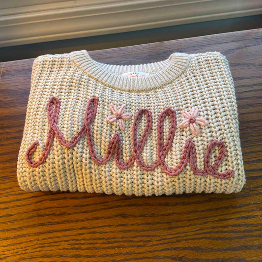 Hand Embroidered Name Sweater- Single Color Yarn - Amazing Faith Designs