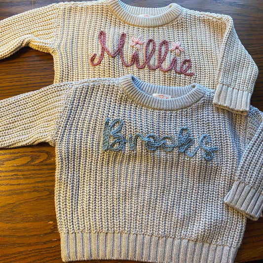 Hand Embroidered Name Sweater- Single Color Yarn - Amazing Faith Designs