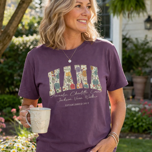 Mama Grandma Wildflowers Personalized with Kids Garment Dyed Shirt - Amazing Faith Designs