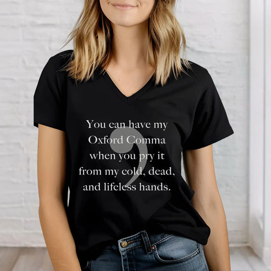 Oxford Comma Unisex Short Sleeve V-Neck Tee, Funny Grammar Tshirt Printify