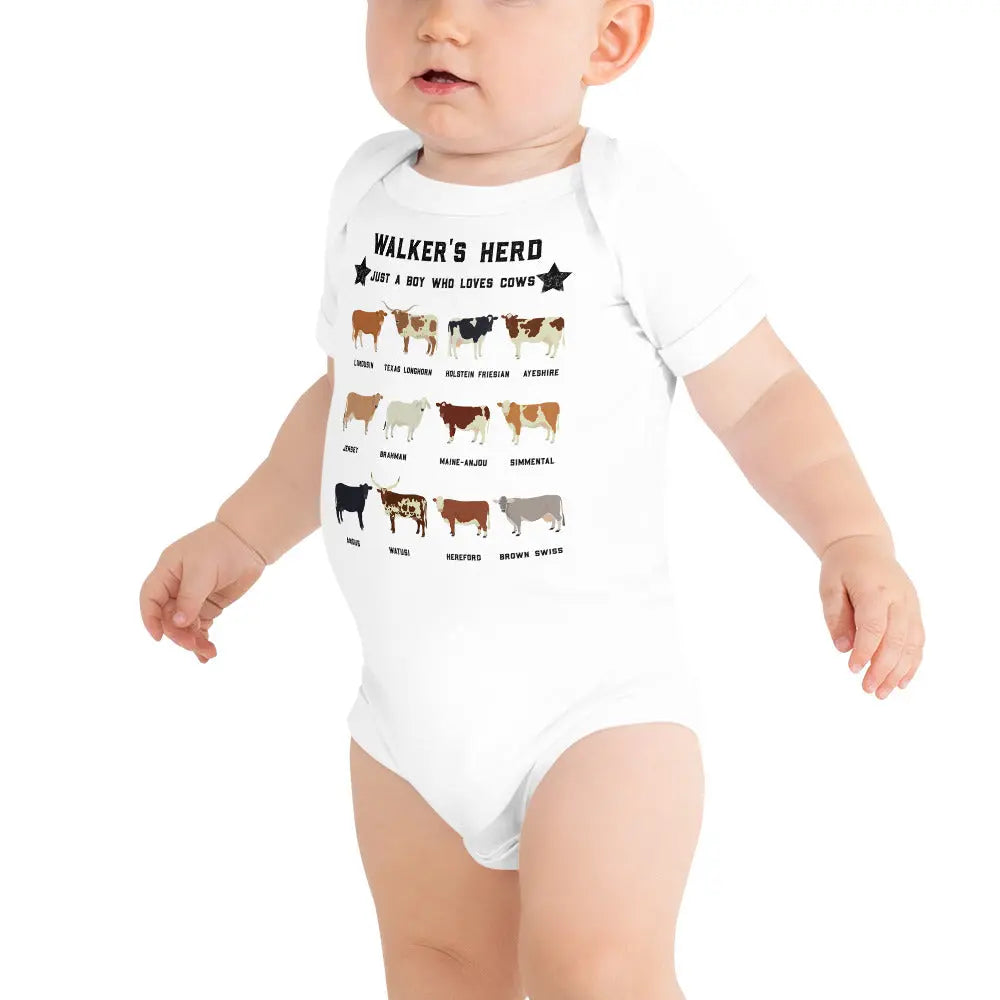 Personalized Cow Herd Baby short sleeve onesie Amazing Faith Designs