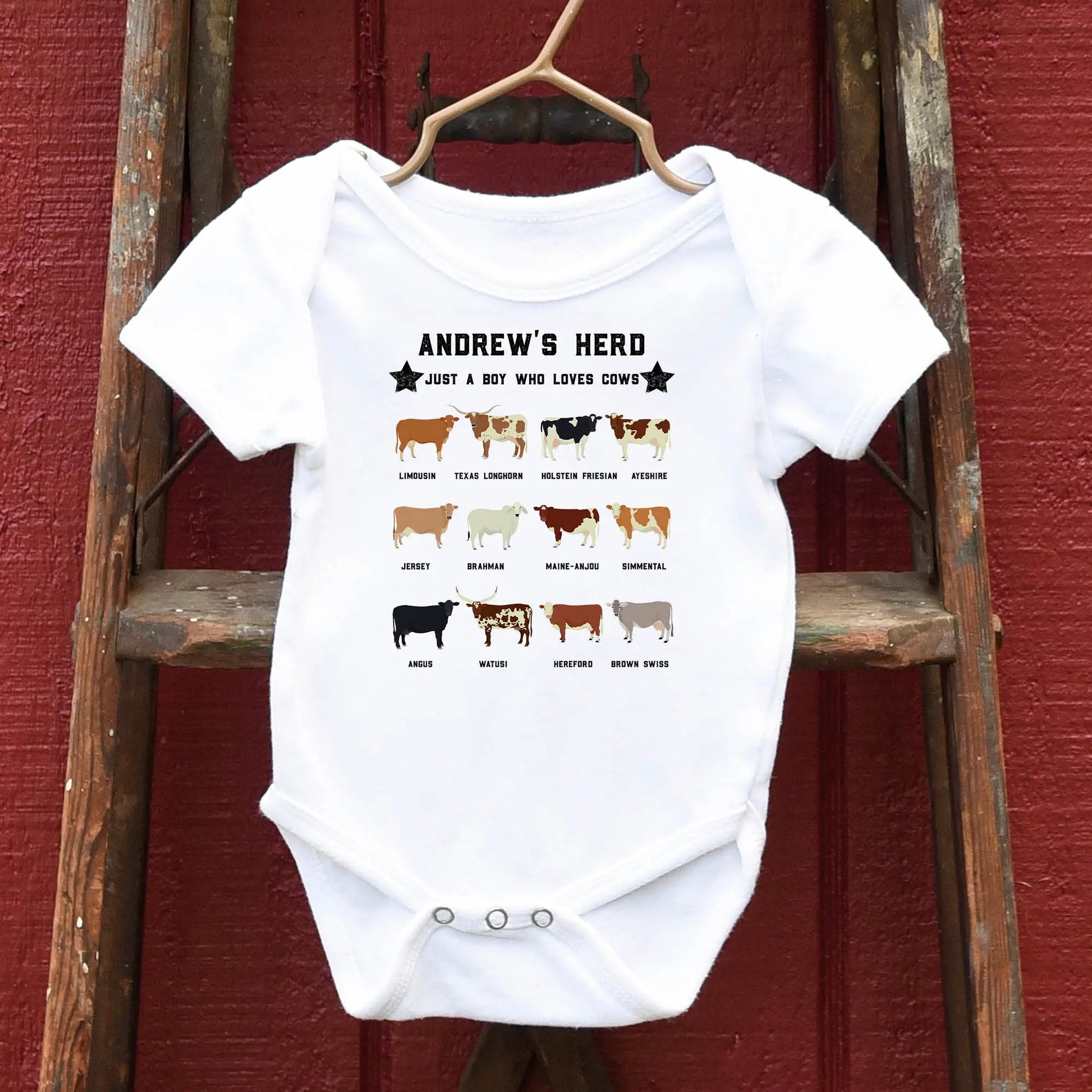 Personalized Cow Herd Baby short sleeve onesie Amazing Faith Designs