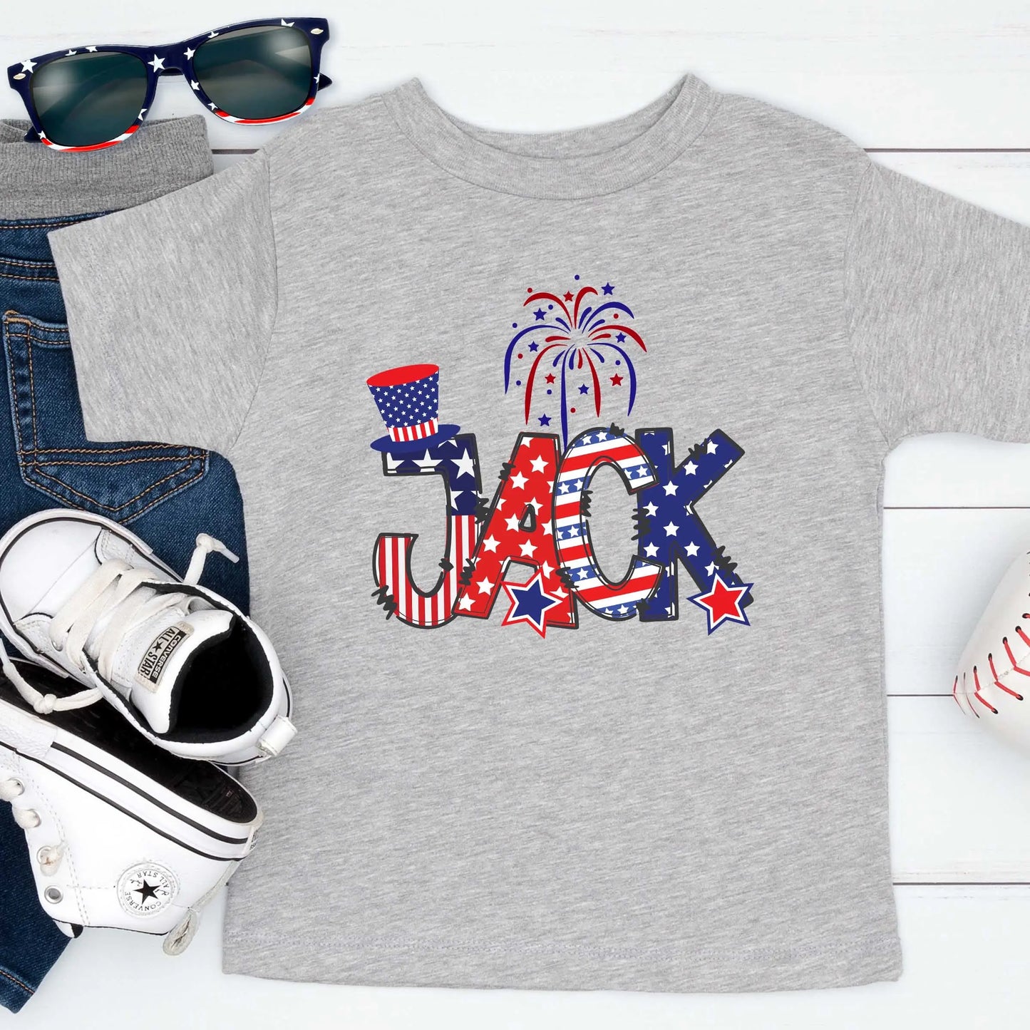 Personalized Fourth of July Baby T-Shirt - Grey Printify