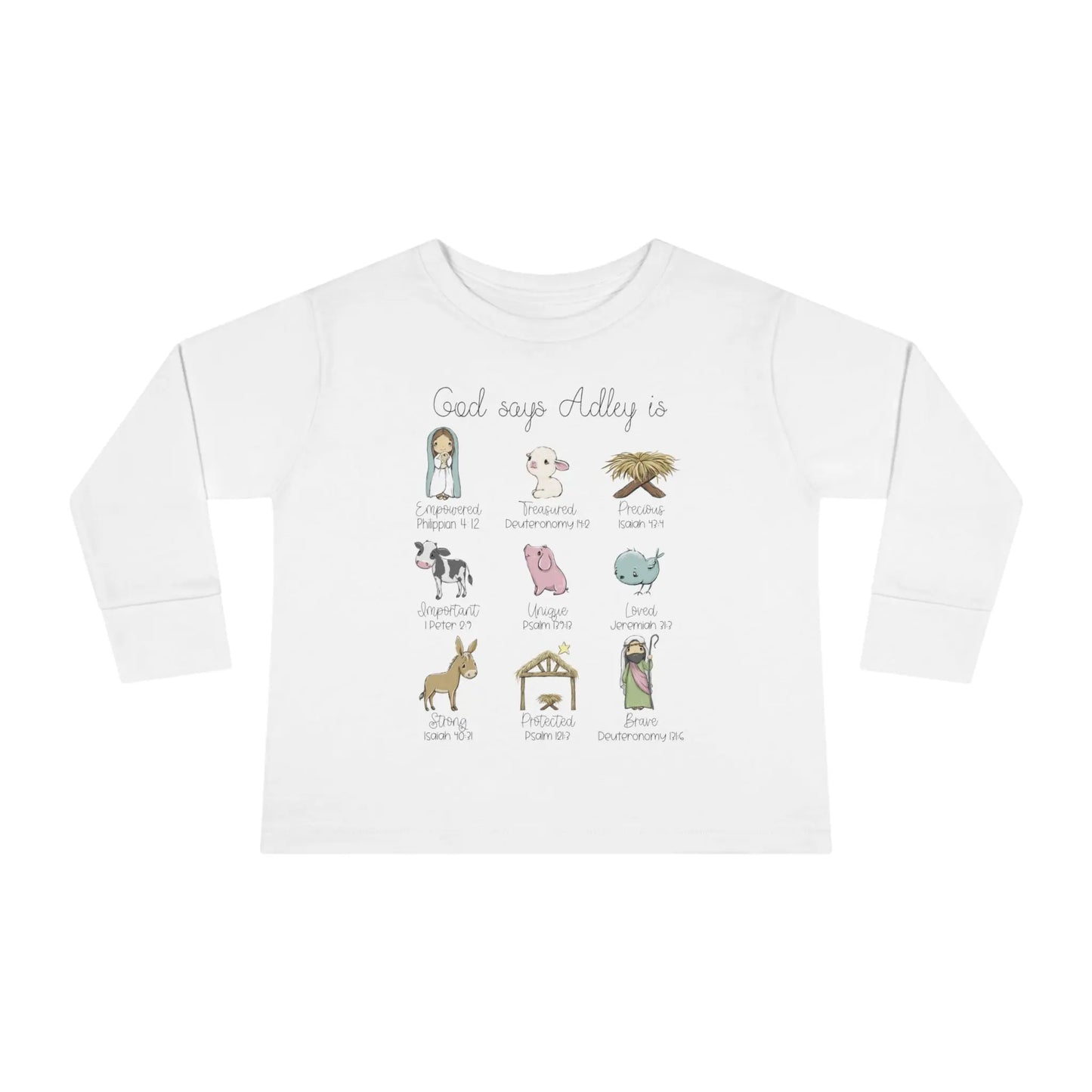 Personalized Nativity Toddler Long Sleeve Tee, God Says You Are... Printify