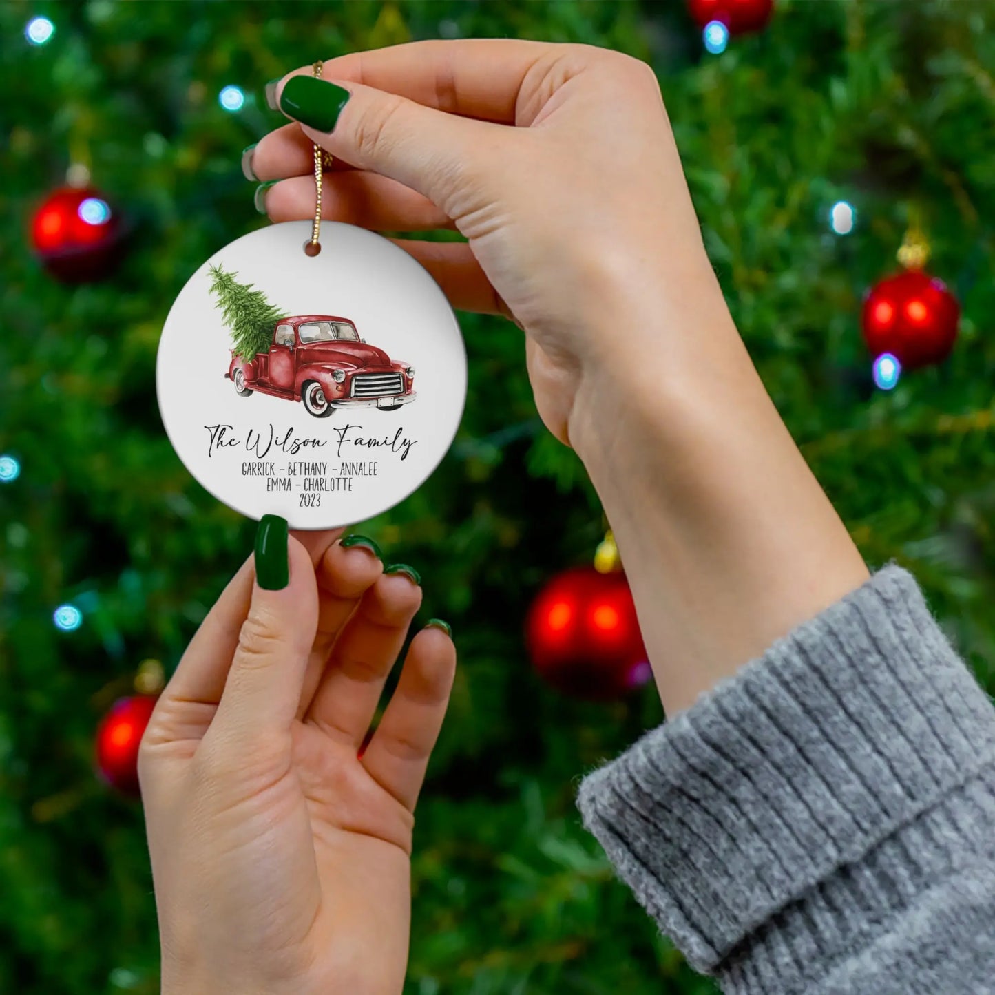 Personalized Red Truck Family Ornament Printify