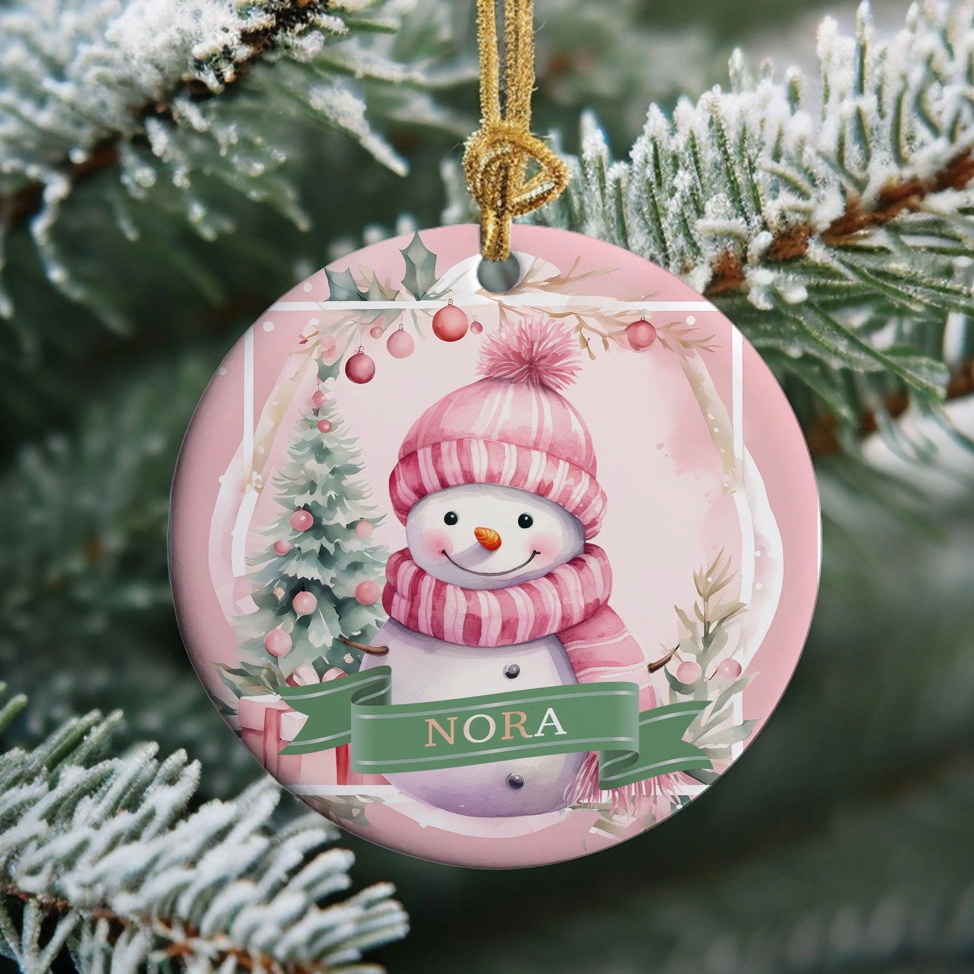 Pink Snowman Personalized Christmas Ornament Printify
