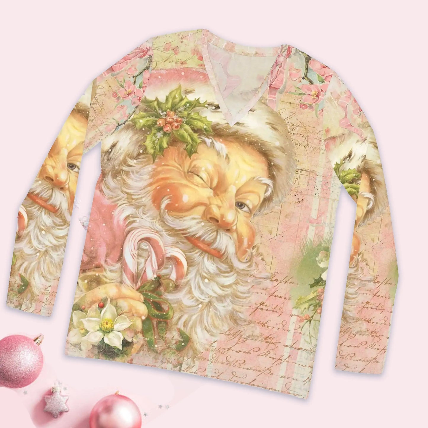 Pink Vintage Santa Claus Women's Long Sleeve V-neck Shirt - Amazing Faith Designs