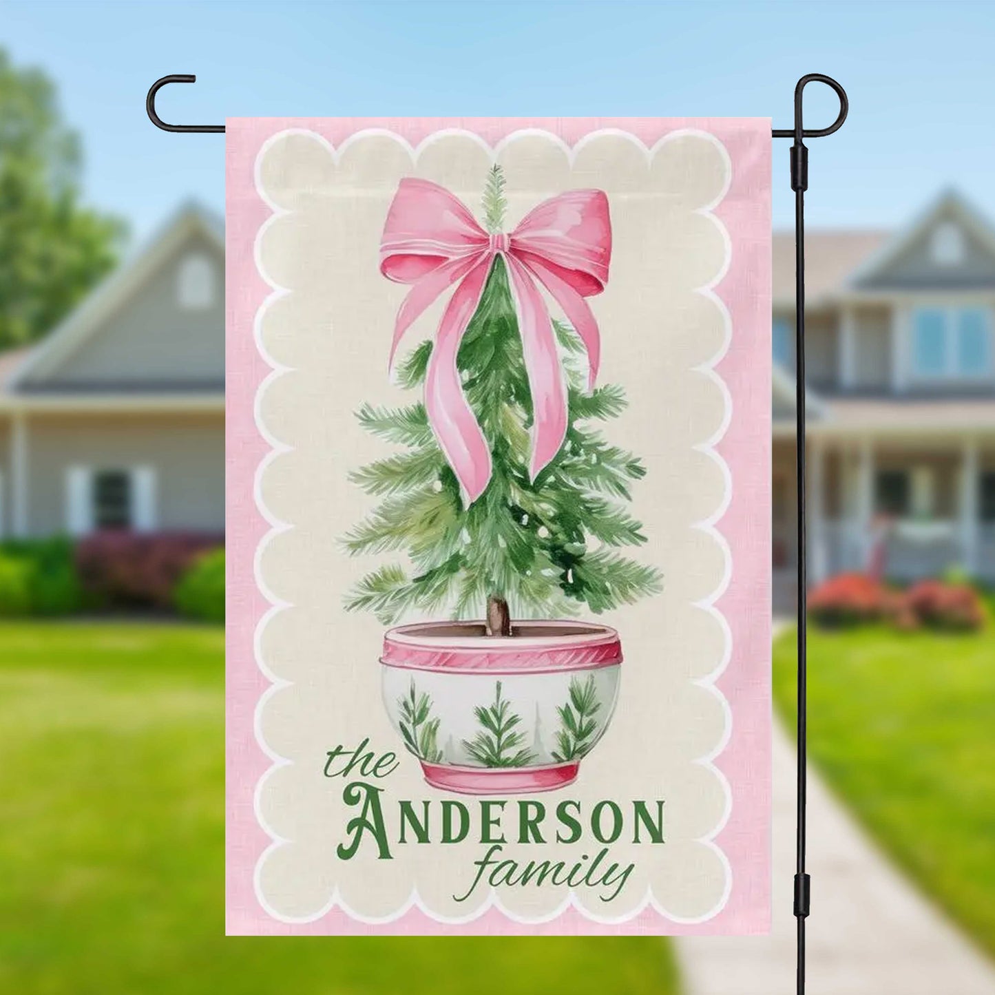 Pink Chinoiserie Christmas Tree Garden Flag - Amazing Faith Designs