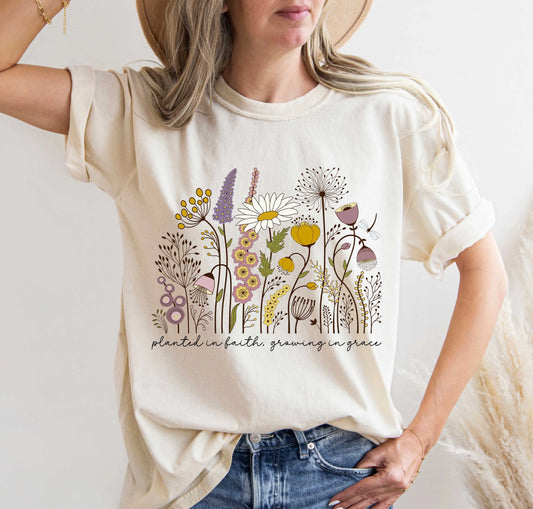 Planted in Faith Wildflowers Unisex T-Shirt | Comfort Colors Shirt Awkward Styles