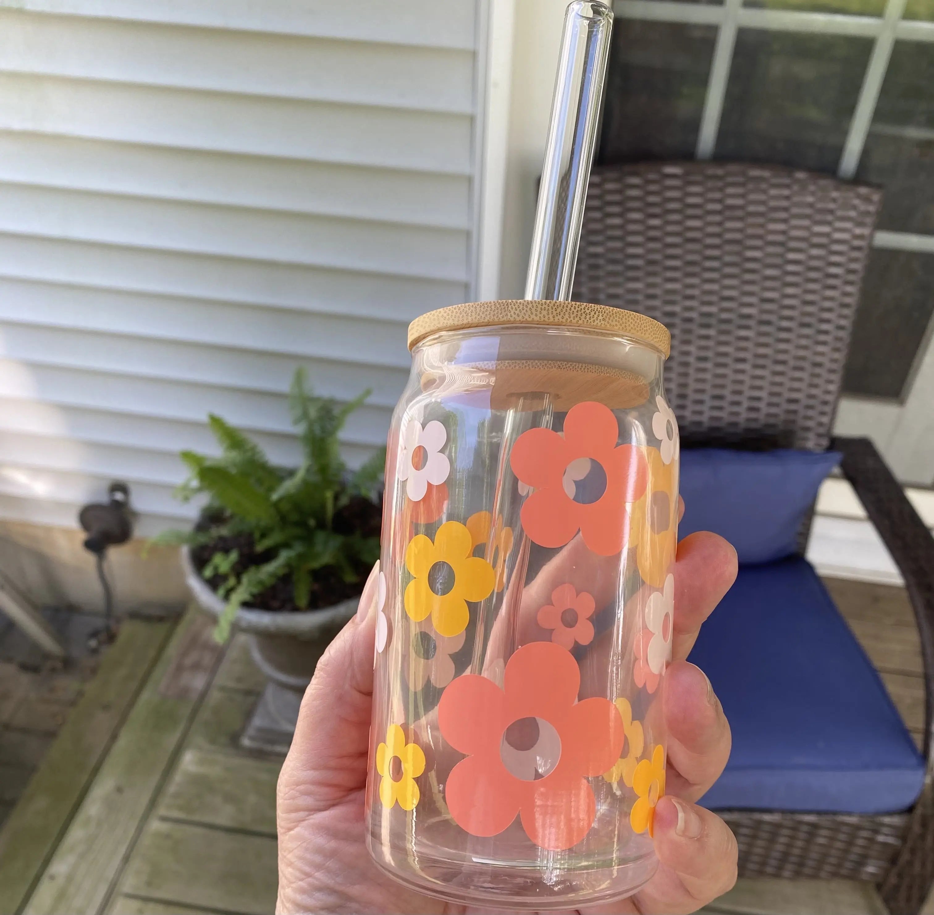 FLORAL Glass Can Cup With Bamboo Lid & Glass Straw Iced Coffee Cup Beer  Glass Can Cup Soda Glass Can Cup 