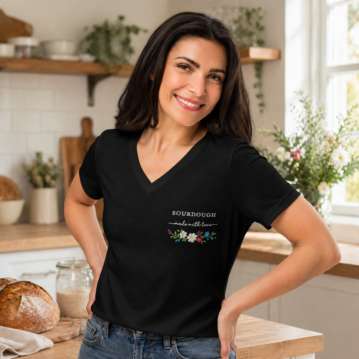 Sourdough made with love embroidered black v-neck t-shirt