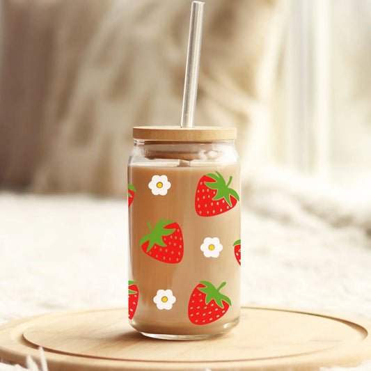 Strawberry and Daisy Iced Coffee Cup with Lid & Straw, 16oz Tumbler Amazing Faith Designs