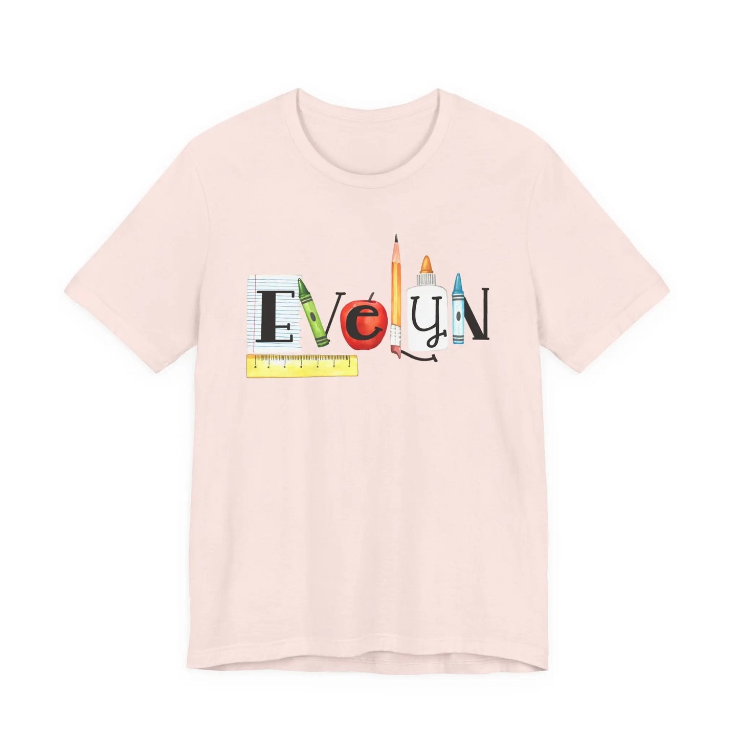 Teacher Back-to-School Name T-Shirt — Colorful School Supply Letter Design Printify
