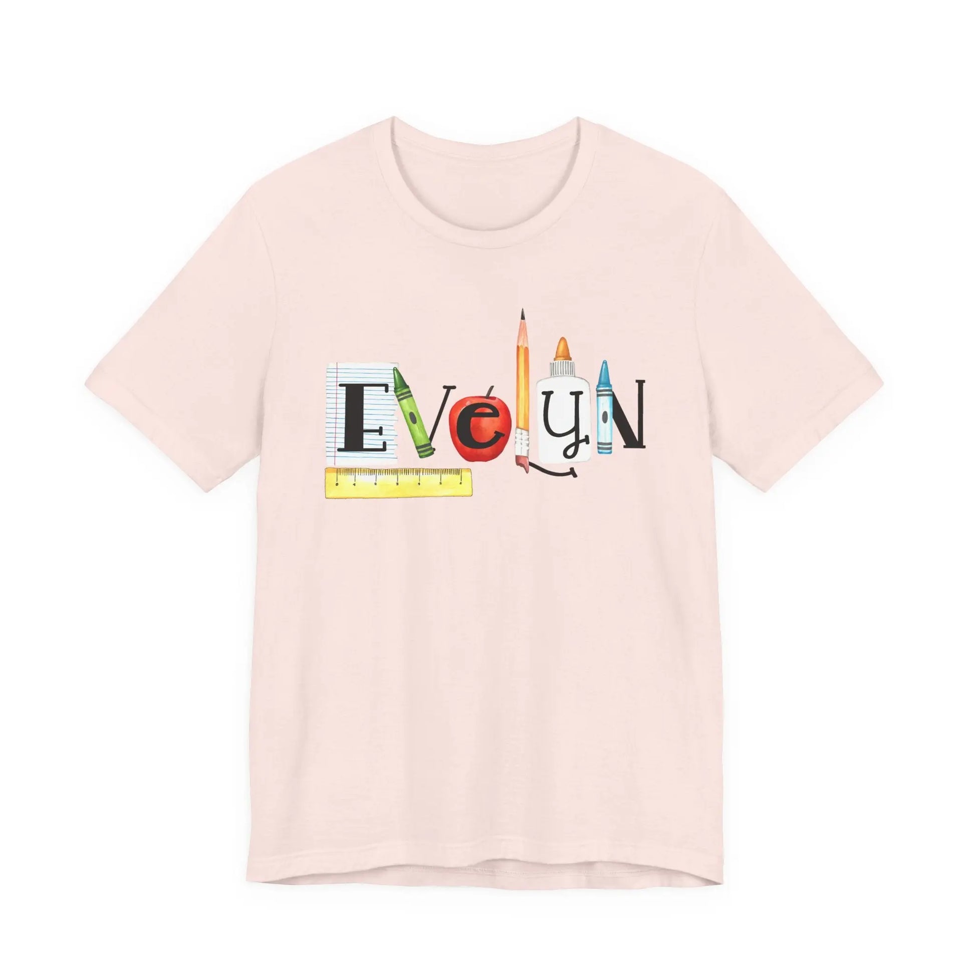 Teacher Back-to-School Name T-Shirt — Colorful School Supply Letter Design Printify