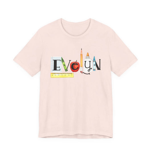 Teacher Back-to-School Name T-Shirt — Colorful School Supply Letter Design Printify