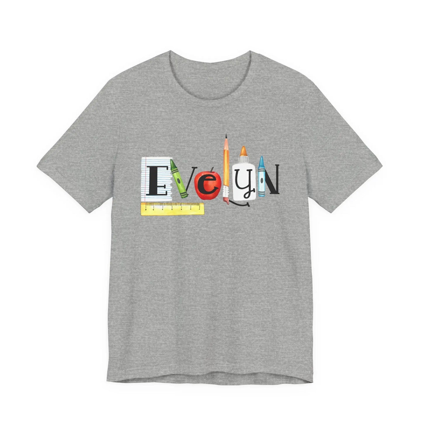 Teacher Back-to-School Name T-Shirt — Colorful School Supply Letter Design Printify
