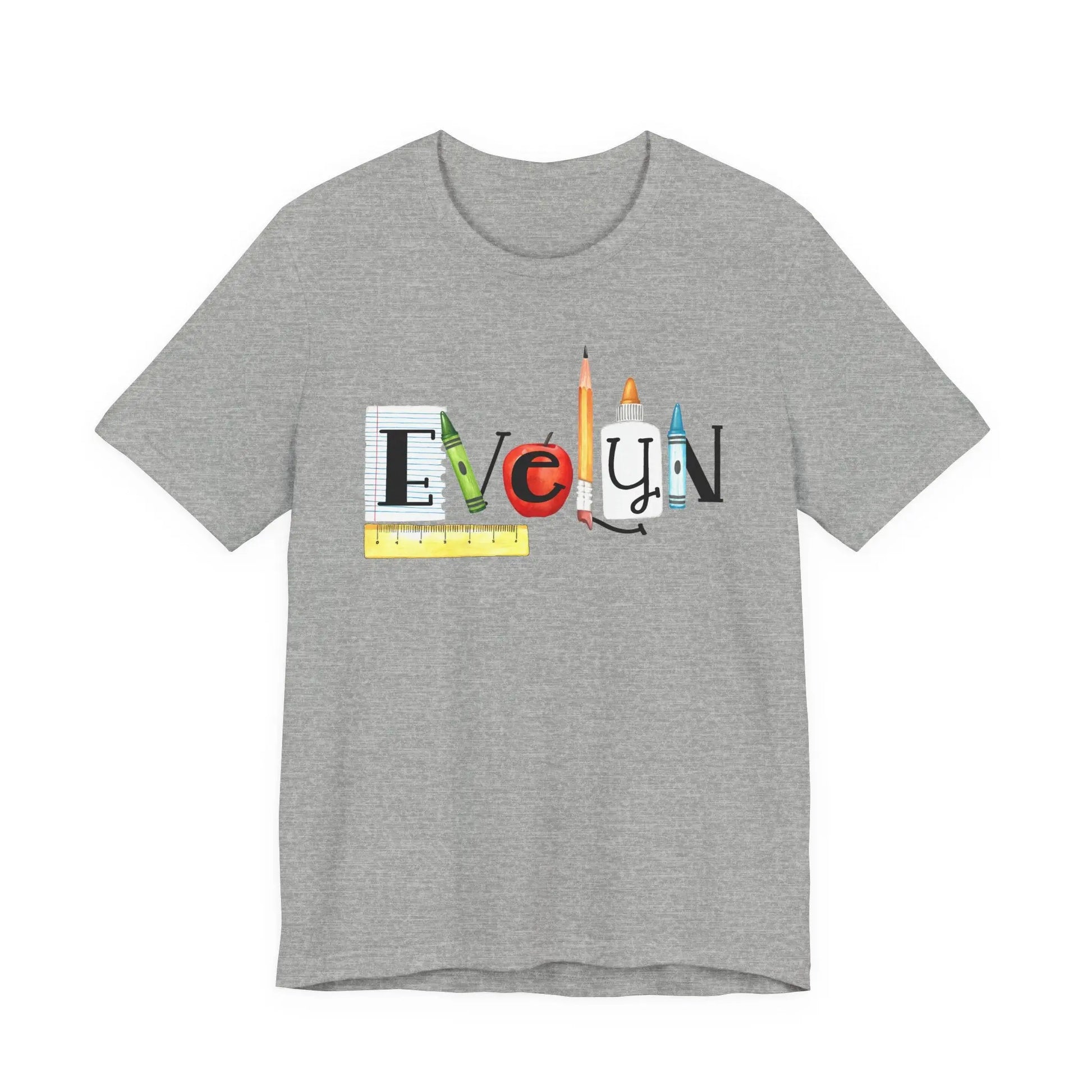 Teacher Back-to-School Name T-Shirt — Colorful School Supply Letter Design Printify