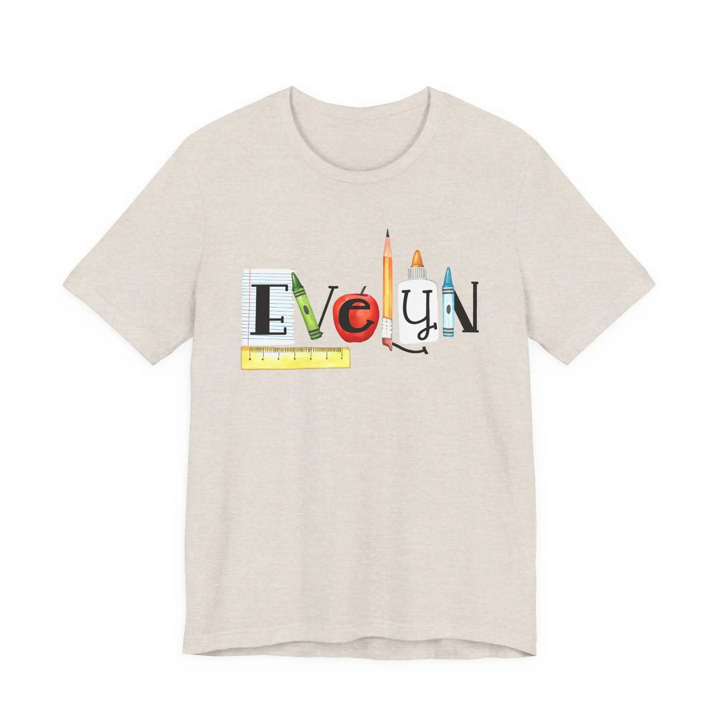 Teacher Back-to-School Name T-Shirt — Colorful School Supply Letter Design Printify