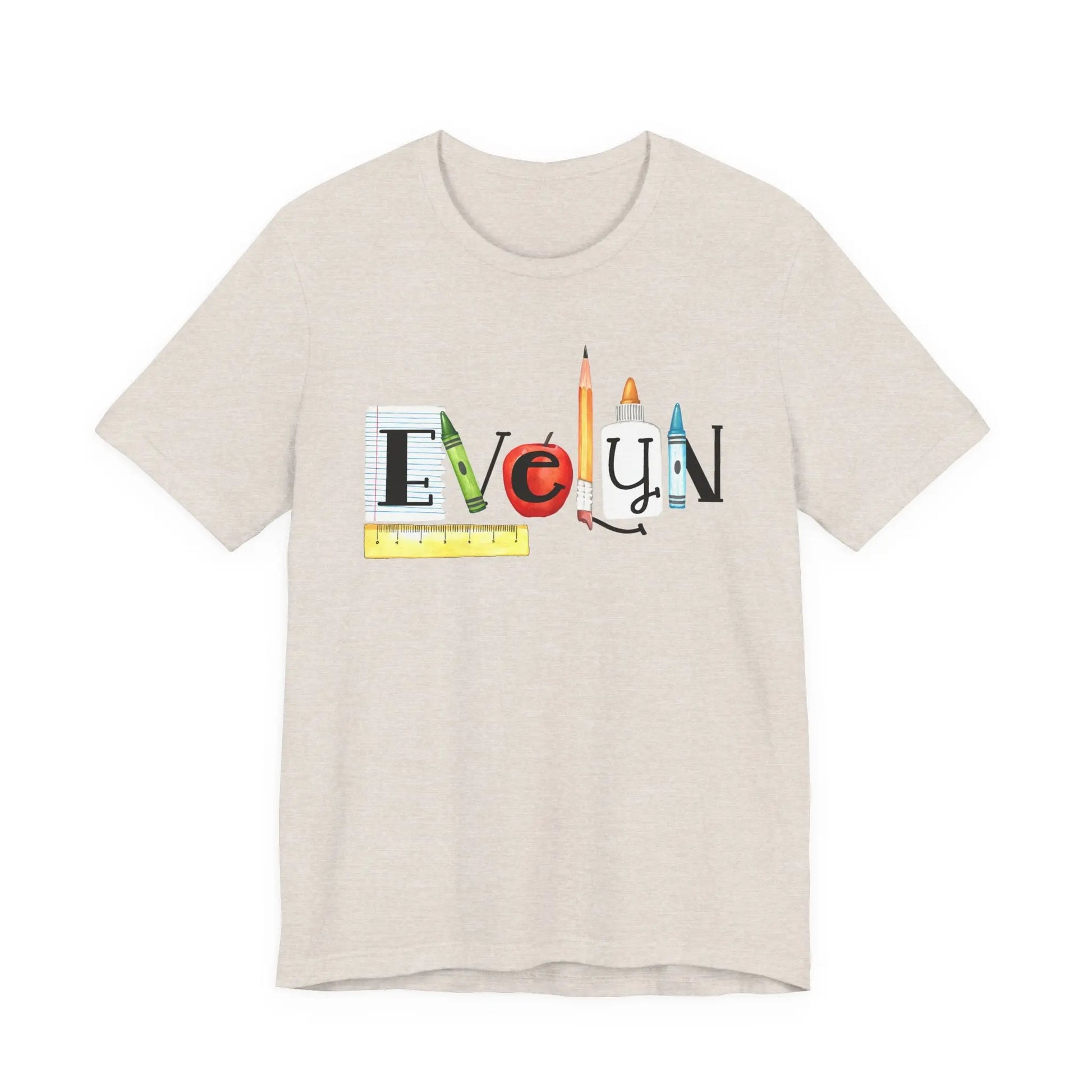 Teacher Back-to-School Name T-Shirt — Colorful School Supply Letter Design Printify