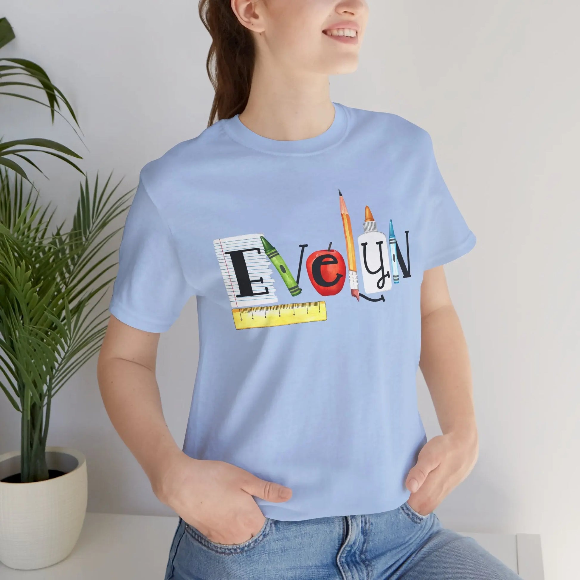 Teacher Back-to-School Name T-Shirt — Colorful School Supply Letter Design Printify