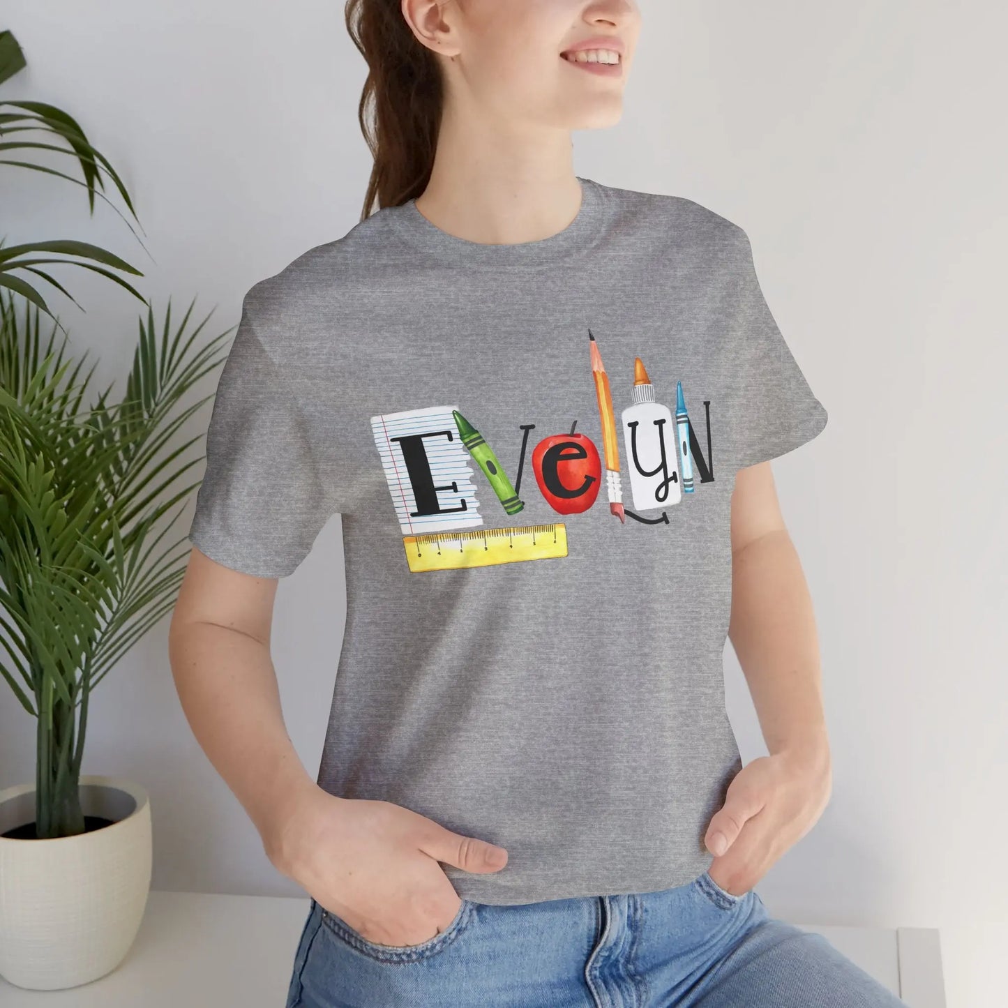 Teacher Back-to-School Name T-Shirt — Colorful School Supply Letter Design Printify