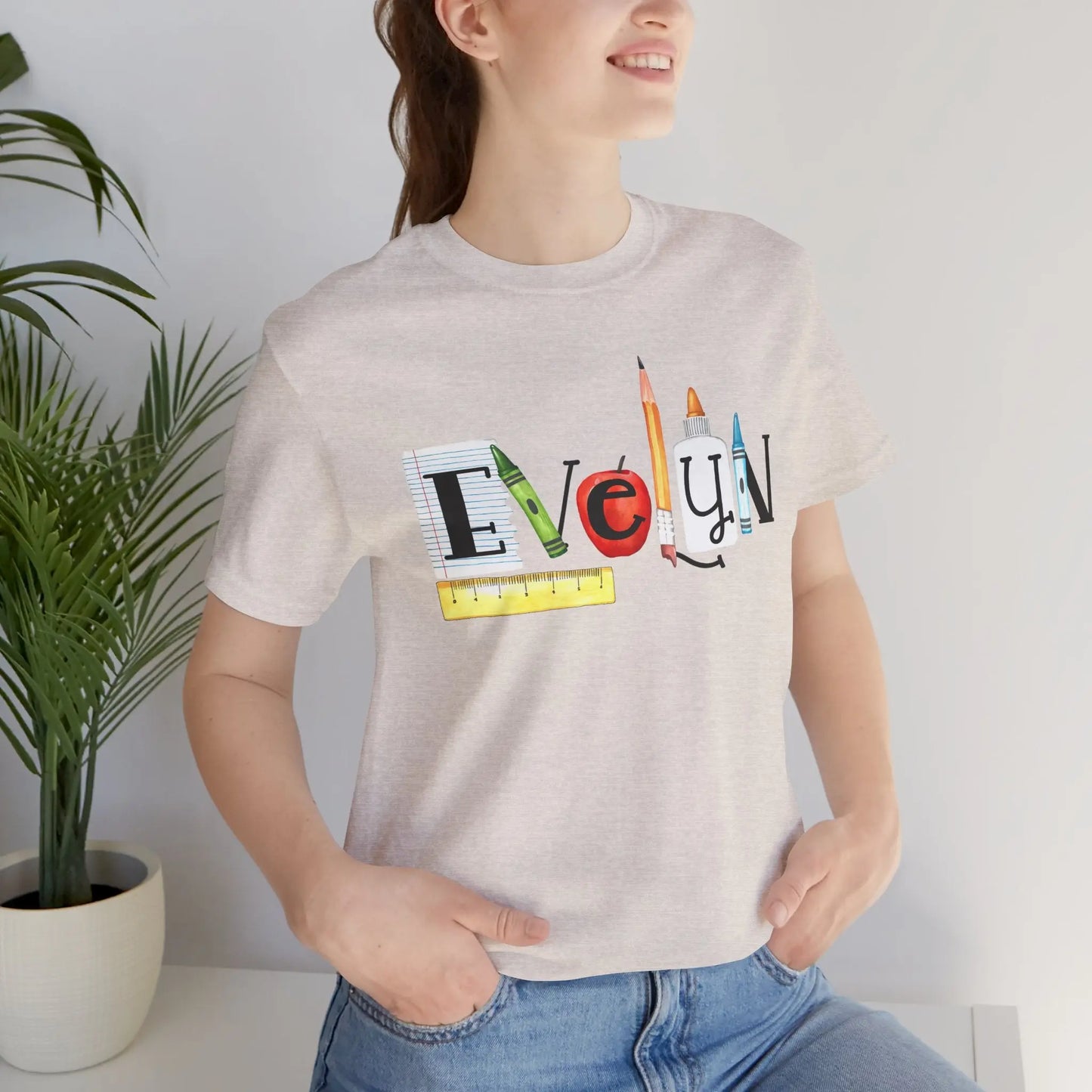 Teacher Back-to-School Name T-Shirt — Colorful School Supply Letter Design Printify